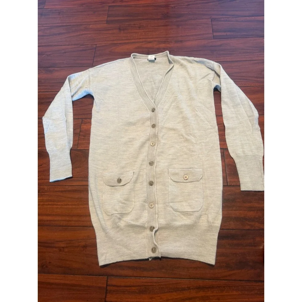 Vintage J.Crew Womens Gray 100% Merino Wool Longline V-Neck Cardigan Size S